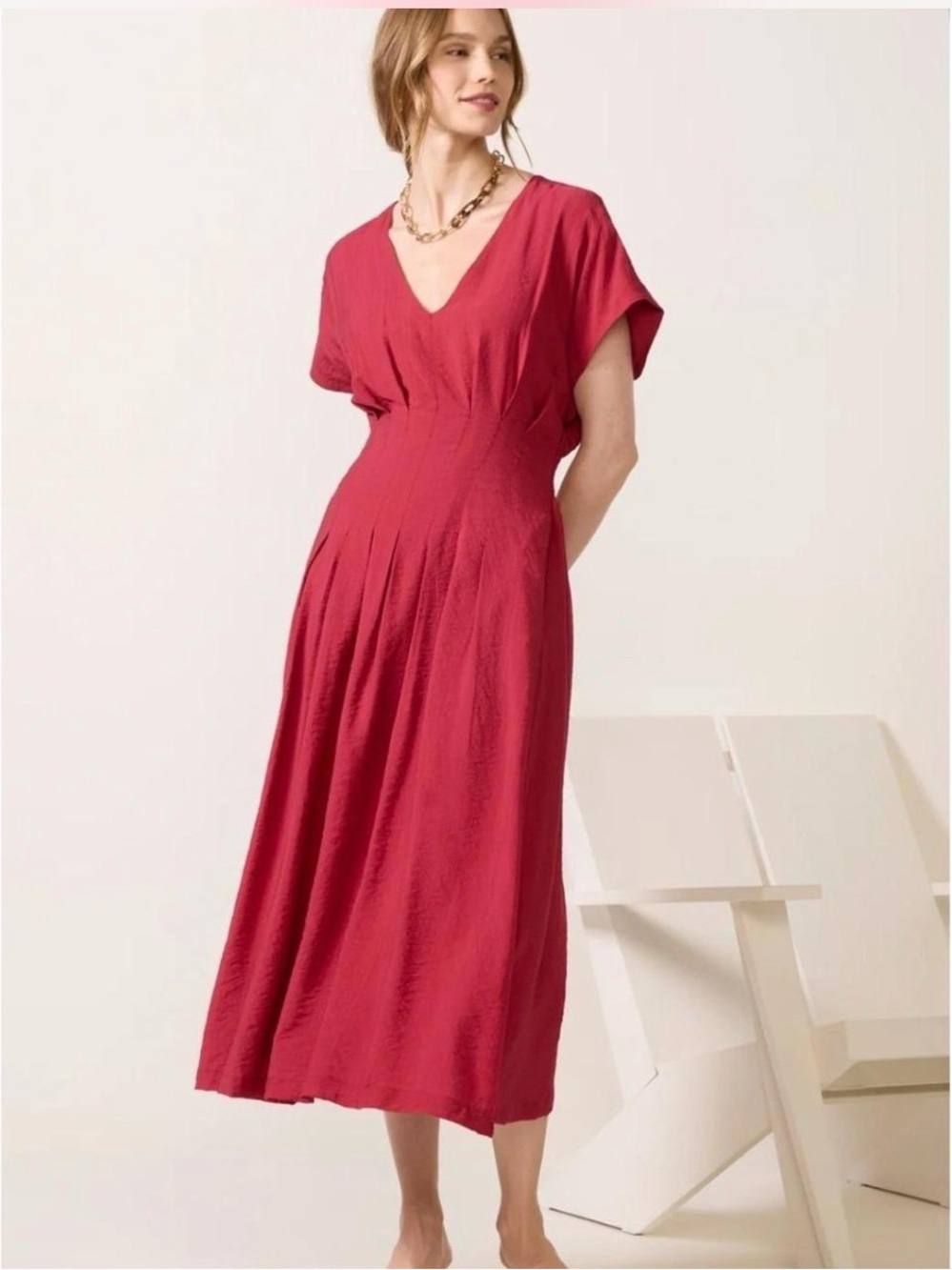 NWT Evereve Raspberry Red V-Neck Midi Dress